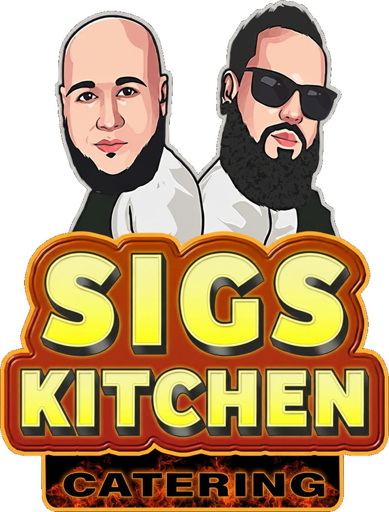 Sig's Kitchen Catering — Nick and Ben above the SIGS KITCHEN CATERING wordmark